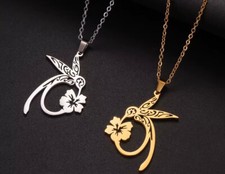 JS? Kette Anhänger Edelstahl Gold Silber Vogel Kolibri Blume ES-0162
