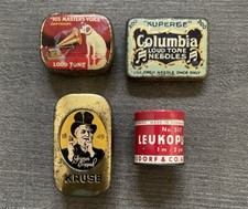Konvolut 4 alte kleine Blechdosen: HMV, Columbia, Kruse, Leukoplast