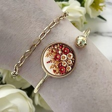 Armreif Armband Gold Edelstahl Blumen Rot Verstellbar Schmuck Geschenk Frau
