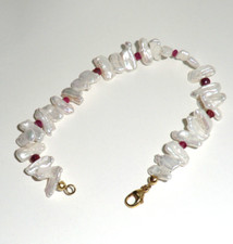 Damen Biwa Perlen Armband, Rubin, Länge 20 cm, Breite 14 mm, 375 GG, Neu