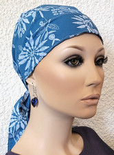 Stoff Haube Mütze Kopfbedeckung blau weiß Chemo Alopezie OP Tuch Bandana Stella