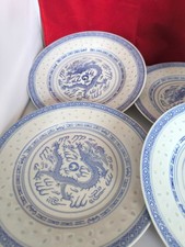 4 Teller Porzellan Blau-Weiß Drachenmotiv Jingdezhen China Vintage