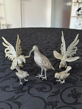 5 versilberte Figuren Kämpfende Hähne + 3 weitere Vögel Metall Made in England