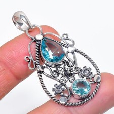 Aqua Aquamarin Edelstein handgefertigt 925 Sterlingsilber Schmuck Anhänger Gr...