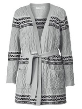 LONG-STRICKJACKE mit BINDE-GÜRTEL grau-offwhite-schwarz GR.52/54 NEU