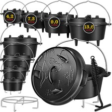 KESSER® Dutch Oven Set mit Deckelheber BBQ Feuertopf Schmortopf, Gusseisen Topf
