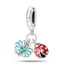 Charm Dangle Marienkäfer Käfer Blume 925 Silber - Anhänger für Pandora Armband