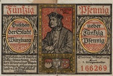 H. SCHIESTL (1864-1940), Fünfzig Pfennig. Würzburger Notgeld, um 1920, Chromolit