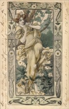 Jugendstil Litho Dame im gelben Kleid - 11122196