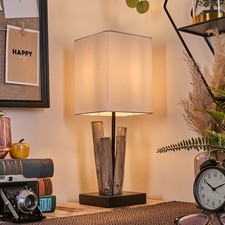 Retro Tischlampe und Tischleuchte, Metall/Holz/Stoff, Schwarz/Natur/Weiß, E14