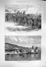 Original alter antiker Druck 1877 Kriegsbohrer Türkisches Lager Posthaus Fluss Donau