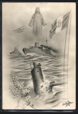 Künstler-AK Italienische Marine mit U-Boot, Luftwaffe und Flagge des Königreich 