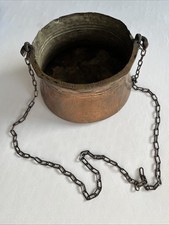 Alter Kupferkessel mit Messinggriff & Kette (Blumenampel) 15 cm hoch 19-25 rund