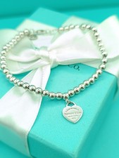 Return To Tiffany & Co Sterlingsilber Herz Anhänger auf Mini Perlen Armband 6,75-7"