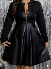 Minikleid mit Kontrastkragen, Langarm-Reißverschluss-PU-Leder, sexy Kleid