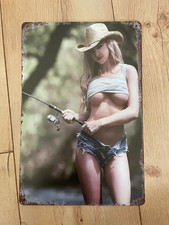 Blech Metall Schild Bild Thema Angeln Pin UP Girl  Deko Bar Garage