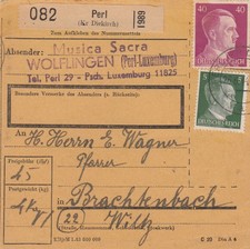 26.6.44 - MiF 5/40 Pfg. - Paketkarte - PERL (Kr. Diekirch) - BRACHTENBACH - L99