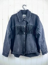 Zara Jeansjacke Grau Schwarz M 38 Damen Oversize Denim Jacke mit Fransen