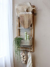 41074319  Chic Antique - Wandregal 6 Halter Korb 4 Haken Holz Metall Natur Grau