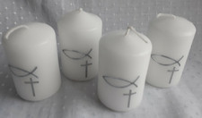 Taufe Set 4 ,6 Kerzen Fisch-Kreuz, Kommunion Konfirmation Tischdeko,Votivglas