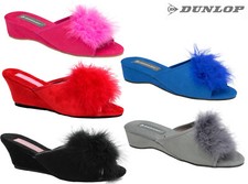 Damen Frauen Keilabsatz Hausschuhe Dunlop Feder Bommel Kunst-Wildleder Pantoletten Absatz Schuhe