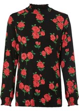 Neu Rollkragen-Shirt Gr. 32/34 Schwarz Erdbeere Geblümt Damen Langarmshirt