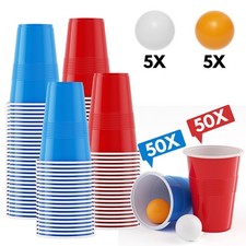 Bierpong Becher Set Wiederverw Pong Becher 100er, 50 Rot/Blau Trinkspiele