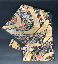 Japanischer Kimono Gürtel Fukuro Obi Floral Stream Schwarz Gold Rot Blau Vintage