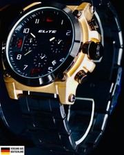 Edle Elite Herren Armband Uhr Chronograph Datum Schwarz Gold Farben