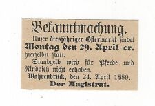 7/882 ANZEIGE AUS EINER ZEITUNG 1889  OSTER MARKT WAHRENBRÜCK PFERD RINDVIEH
