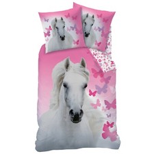Pferd / Pferde Mädchen-Bettwäsche, Kinder-Bettwäsche in Rosa 80x80 + 135x200 cm