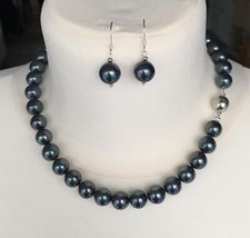 schwarze Perlenkette+ Ohrringe Collier Perlen Halskette 10mm Perlen wie Tahiti