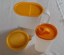 3x Tupperware Set:  Kännchen Ölprinz, Kanne, Becher mit Deckel- Weiß/gelb