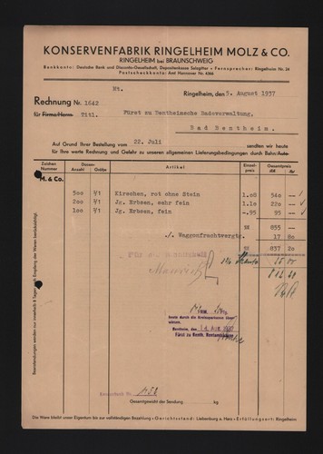 Ringelheim rechnung 1937 - rechnung,