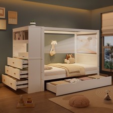 Einzelbett, Kinderbett mit Fallschutz und Gitter, Holzbett mit Stauraum,