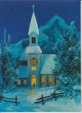 3 D-AK Hologramm: Kirche, beleuchtet in Schneelandschaft, gel. 14.12.1977