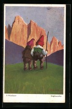 Künstler-AK sign. F. Wiesbauer: Die Ausreißer, Zwei Zwerge in den Bergen 1935 