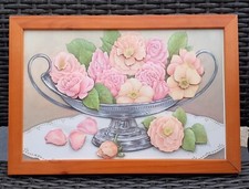 3d-Bild, Motiv Rosen in der Schale, Holz-Wechselrahmen kirschfarben,  33x23cm