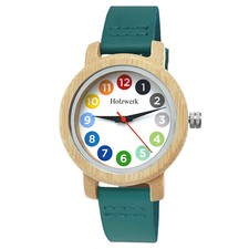 Holzwerk RAINBOW BLUE bunte kleine Damen Leder & Holz Uhr in weiß, türkis blau