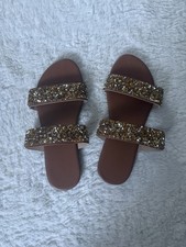 Damen Sommer Pantoletten, glitzernde Strass verzierte flache Sandalen