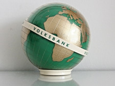 Vintage Sparbüchse Globus grün/gold Weltkugel Volksbank