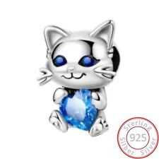 Charms Anhänger Katze Kater Herz blau Charm Damen Armband 925 Sterling Silber