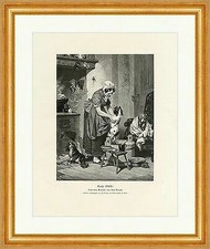 Große Wäsche Karl Arnold Hunde Tiere Waschtrog Küche Ofen Herd Holzstich A 0866