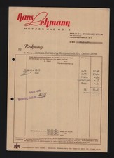 BERLIN, Rechnung 1939, Hans Lehmann Mützen und Hüte