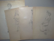 Weibliche Körperstudien - Frauen sitzend Kleidung - 4 Bleistiftzeichnungen 1960