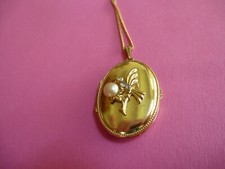 Amulett Gold doublè Vögelchen Perle Straß mit Bild Foto Medaillon um1940 + Kette