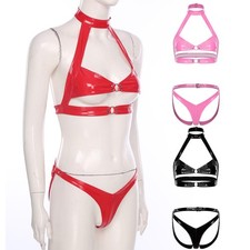 DE Damen BH Badeshorts Unterwäsche Glänzend Bikini Set Sexy Lingerie Halter Pvc