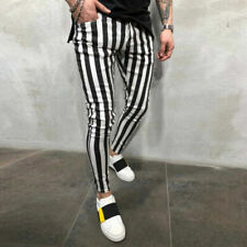 Herren Gestreift Kariert Schwarz Weiß Hose Sommer Slim Freizeit Bequem Hose BN