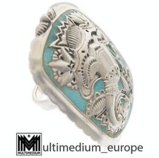 Großer XXL Art Deco Silber Emaille Fingerring 30er Jahre hellblau türkis Ring