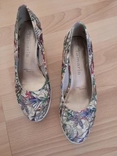 Tamaris Keilpumps Wedges Größe 36 Beige mit Glitzer-Blumenmuster